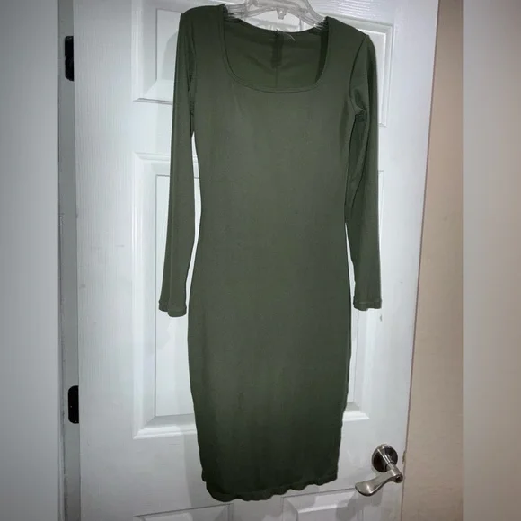 Popilush Olive Green Long Sleeve Bodycon Dress Built-In Shapewear Square Neck L - Picture 2 of 5